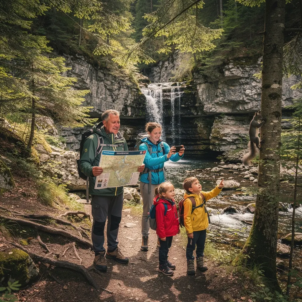 A car navigating a scenic loop route with rolling hills and vibrant greenery.